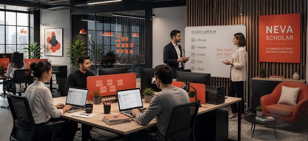Neva Scholar research workflow: students collaborating with AI-powered academic tools